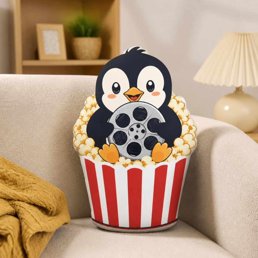Home Cinema Night - Penguin Movie Night Throw Pillow Popcorn