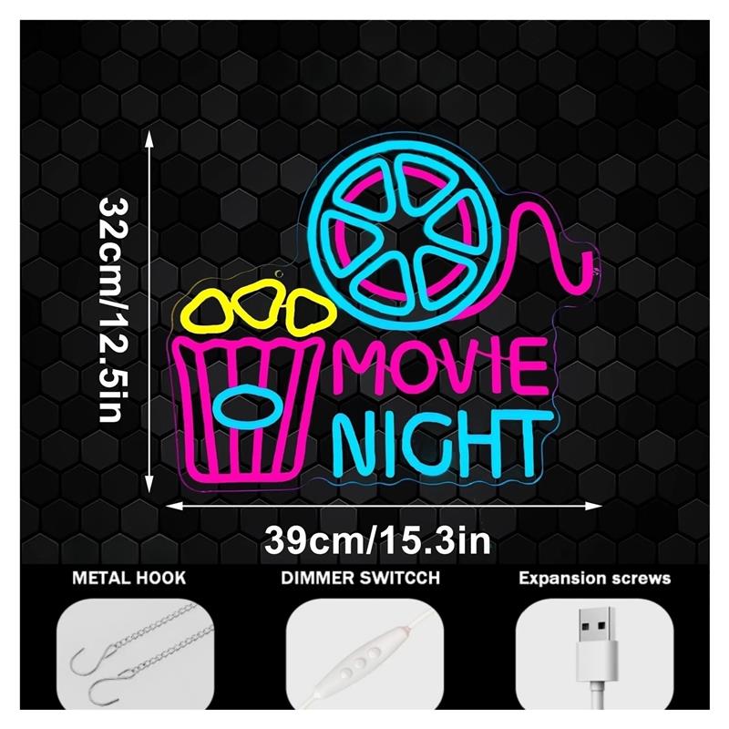 Movie Night Neon Sign Popcorn  - Home Cinema Night recension och pris